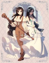 Rule 34 | bird, black hair, bodysuit, boots, breasts, brown gloves, cleavage, dav-19, dress, dual persona, final fantasy, final fantasy ix, garnet til alexandros xvii, gloves, hair ornament, highres, jewelry, long hair, looking at viewer, low-tied long hair, necklace, official alternate costume, orange bodysuit, puffy sleeves, smile, square enix, staff, standing, tiara, very long hair, white dress