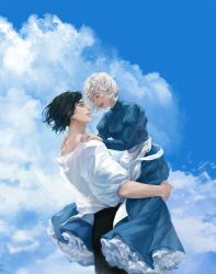 Rule 34 | 1boy, 1girl, absurdres, apron, black hair, black pants, blouse, blue dress, cjjcha, cloud, cloudy sky, couple, dress, earrings, closed eyes, frilled dress, frills, hands on another&#039;s shoulders, high collar, highres, holding person, howl (howl no ugoku shiro), jewelry, long dress, long sleeves, open mouth, pants, parted lips, puffy sleeves, shirt, short hair, sky, smile, sophie (howl no ugoku shiro), teeth, upper body, upper teeth only, waist apron, white hair, white shirt