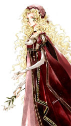 Rule 34 | 1girl, blonde hair, bridal gauntlets, dress, female focus, flower, layered sleeves, lily (flower), long hair, looking at viewer, shiina satsuki, simple background, solo, very long hair, wavy hair, white background, yellow eyes