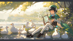 Rule 34 | 1boy, androgynous, aqua hair, beret, bird, black footwear, black hair, bow, braid, brooch, brown corset, cape, closed eyes, collared cape, collared shirt, corset, diamond (shape), duck, english text, feathers, flower, frilled sleeves, frills, gem, genshin impact, green cape, green hat, green shorts, hair flower, hair ornament, happy birthday, hat, hat flower, highres, holding, holding instrument, instrument, jewelry, lake, leggings, long sleeves, low twin braids, lyre, male focus, multicolored hair, open mouth, pantyhose, shirt, shoes, shorts, sitting, smile, solo, twin braids, venti (genshin impact), vision (genshin impact), water, white flower, white leggings, white pantyhose, white shirt, windmill, xizuchan6