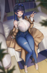 Rule 34 | 1girl, :d, absurdres, blue eyes, blue hair, breasts, coat, denim, highres, hololive, hololive english, jeans, large breasts, legs, long hair, looking at viewer, multicolored hair, off shoulder, open mouth, ouro kronii, ouro kronii (casual), pants, sayanestia, sitting, smile, solo, thighs, torn clothes, torn jeans, torn pants, two-tone hair, very long hair, virtual youtuber