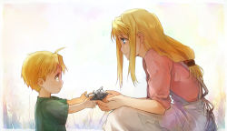 Rule 34 | 1boy, 1girl, :&lt;, age difference, apron, bad id, bad pixiv id, blonde hair, blue eyes, fullmetal alchemist, if they mated, long hair, mother and son, ponytail, riru, sidelocks, sleeves pushed up, smile, spoilers, toy, winry rockbell