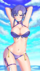 Rule 34 | 0-pie, 1girl, armpits, arms behind head, bikini, blue bikini, blue eyes, blush, breasts, cleavage, earrings, fire emblem, fire emblem: the blazing blade, gloves, highres, jewelry, looking at viewer, navel, nintendo, ocean, official alternate costume, parted lips, purple hair, seductive smile, short hair, sky, smile, solo, sweat, swimsuit, ursula (fire emblem), ursula (summer) (fire emblem)