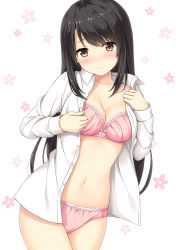 Rule 34 | 1girl, black hair, blush, bow, bow bra, bow panties, bra, breasts, brown eyes, cleavage, closed mouth, collarbone, collared shirt, cowboy shot, dress shirt, eyebrows, flower, frown, highres, lace, lace-trimmed bra, lace-trimmed panties, lace trim, long hair, long sleeves, looking at viewer, medium breasts, nakamura sumikage, navel, no pants, open clothes, open shirt, original, panties, pink bra, pink panties, shirt, solo, stomach, underwear, white background, white shirt