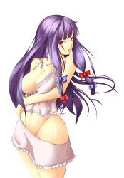 Rule 34 | 1girl, aged up, bad id, bad pixiv id, breasts, camisole, cleavage, clothes pull, female focus, groin, large breasts, lingerie, long hair, looking at viewer, midriff, no headwear, patchouli knowledge, ppr, purple eyes, purple hair, shirt pull, simple background, solo, touhou, underwear, white background