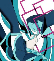 1girl aqua_hair aqua_necktie arms_up detached_sleeves feet_out_of_frame floating_hair halftone hatsune_miku highres legs_up limited_palette long_hair machigami_yoh miniskirt necktie shirt skirt solo thighhighs twintails very_long_hair vocaloid watermark