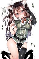 Rule 34 | 10s, 1girl, animal ears, ass, asymmetric gloves, asymmetrical gloves, asymmetrical legwear, black gloves, blush, bow, bowtie, breasts, brown hair, cat ears, cat tail, gloves, green eyes, highres, kantai collection, kemonomimi mode, kneeling, long hair, looking at viewer, nekometaru, paw pose, pelvic curtain, single thighhigh, solo, sweatdrop, tail, thighhighs, tone (kancolle), tone kai ni (kancolle), translation request, trembling, twintails, uneven gloves, uneven legwear, wavy mouth, white background