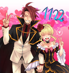 Rule 34 | 1boy, 1girl, ^ ^, beatrice (umineko), blonde hair, bow, breasts, cape, choker, cleavage, closed eyes, dated, dress, closed eyes, fang, flower, grin, hair flower, hair ornament, holding hands, heart, hetero, large breasts, necktie, open mouth, pink bow, red hair, revision, rose, smile, sousui hani, spoken heart, umineko no naku koro ni, ushiromiya battler, v, wide sleeves