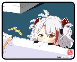 Rule 34 | 1boy, 1girl, antenna hair, azur lane, black gloves, brown eyes, commander (azur lane), commentary request, cross, eating, gloves, grey hair, hair between eyes, hair ornament, iron cross, little prinz eugen (azur lane), long hair, looking at viewer, military, military uniform, mini person, minigirl, multicolored hair, naval uniform, out of frame, sidelocks, signature, simple background, size difference, surprised, taisa (kari), twitter username, two-tone hair, two side up, uniform