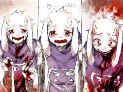 Rule 34 | 1girl, animal ears, bad id, bad tumblr id, blood, blood from mouth, blood on clothes, crazy eyes, crazy smile, crying, crying with eyes open, dying, english text, fangs, furry, furry female, goat ears, horns, koyashaka, robe, smile, solo, tears, toriel, undertale, wide-eyed