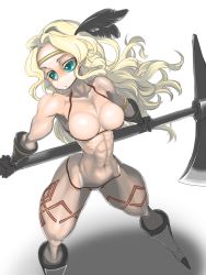 Rule 34 | 1girl, abs, amazon (dragon&#039;s crown), aqua eyes, axe, bikini, blonde hair, breasts, cleavage, dragon&#039;s crown, highres, indee, large breasts, long hair, muscular, simple background, solo, swimsuit, vanillaware, weapon, white background