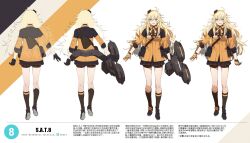 Rule 34 | 1girl, ahoge, asymmetrical legwear, back, bike shorts under skirt, black footwear, black gloves, black jacket, black skirt, black socks, blonde hair, breasts, character name, character sheet, chinese commentary, chinese text, colored shoe soles, commentary request, concept art, exoskeleton, full body, girls&#039; frontline, gloves, green eyes, hair between eyes, hair ornament, hairband, highres, italian flag print, jacket, kneehighs, long hair, looking at viewer, medium breasts, messy hair, mismatched legwear, multicolored clothes, multicolored jacket, multiple views, neck ribbon, nin (lion), official art, open mouth, orange gloves, orange jacket, pleated skirt, pouch, ribbon, s.a.t.8 (girls&#039; frontline), shield module, shoe soles, single horizontal stripe, skirt, sleeves rolled up, smile, socks, solo, straight-on, translation request, translucent hair, two-tone gloves, two-tone jacket, very long hair, white background