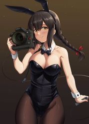 Rule 34 | 1girl, alternate breast size, animal ears, black leotard, black pantyhose, blush, braid, breasts, brown eyes, brown hair, camera, cleavage, closed mouth, cowboy shot, detached collar, fake animal ears, gluteal fold, hair between eyes, highres, holding, holding camera, ichikawa feesu, isonami (kancolle), kantai collection, large breasts, leotard, long hair, nikon (company), pantyhose, playboy bunny, rabbit ears, smile, solo, thighs, twin braids, wide hips, wrist cuffs
