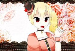Rule 34 | bad id, bad pixiv id, blonde hair, choker, cowboy, cowboy western, crystal, curly hair, dress, fang, fingernails, flandre scarlet, flower, frilled dress, frills, hat, lace, old west, pointing, puffy short sleeves, puffy sleeves, red eyes, rose, saloon girl, short sleeves, solo, top hat, touhou, western, yomuran