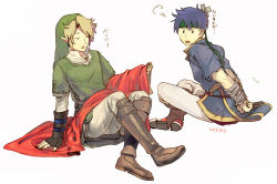 Rule 34 | 2boys, bad id, bad pixiv id, blonde hair, blue hair, borrowed clothes, cape, crossover, fire emblem, fire emblem: path of radiance, gloves, green hat, hat, headband, ike (fire emblem), layered sleeves, link, long sleeves, male focus, multiple boys, nintendo, pointy ears, popped collar, short over long sleeves, short sleeves, simple background, sitting, super smash bros., the legend of zelda, torn clothes, torn sleeves, uichi, white background