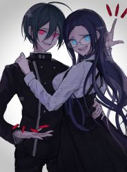 Rule 34 | 1boy, 1girl, ahoge, alternate eye color, black hair, black jacket, black skirt, blue eyes, blue hair, breasts, bullet, buttons, commentary request, danganronpa (series), danganronpa v3: killing harmony, double-breasted, floating, floating object, glasses, grin, hair between eyes, hand on another&#039;s shoulder, hand on another&#039;s waist, high-waist skirt, highres, iumi urura, jacket, large breasts, long hair, long sleeves, looking at viewer, pants, red eyes, saihara shuichi, school uniform, shirogane tsumugi, shirt, short hair, skirt, smile, striped clothes, striped jacket, striped pants, white shirt