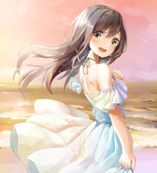 Rule 34 | 1girl, :d, arm at side, bad id, bad pixiv id, bare shoulders, bird, blush, brown hair, commentary request, cowboy shot, crying, crying with eyes open, day, dress, floating hair, halterneck, hand on own chest, highres, long hair, looking at viewer, looking to the side, ocean, off-shoulder dress, off shoulder, open mouth, original, outdoors, pink sky, round teeth, shi-ro, short sleeves, shoulder blades, skirt hold, sky, smile, solo, sparkle, tareme, tears, teeth, upper teeth only, water, white dress, wind, yellow eyes