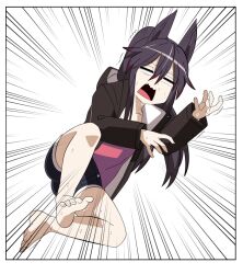 Rule 34 | 1girl, animal ears, barefoot, black hair, blank eyes, check commentary, commentary, commentary request, emphasis lines, fang, fox ears, fox girl, hood, hoodie, jacket, long hair, long sleeves, open mouth, original, pink shirt, ponytail, shirt, shorts, simple background, solo, superkyu, surprised, sweat, trembling, white background