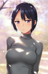 Rule 34 | 1girl, black hair, blurry, blurry background, bralines, breasts, cherry blossoms, commentary, expressionless, grey sweater, hashi, looking at viewer, medium breasts, original, parted bangs, purple eyes, short hair, solo, sweater, tree, tsurime, turtleneck, turtleneck sweater, upper body