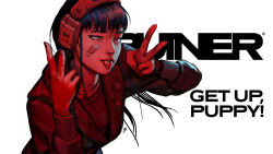 Rule 34 | 1girl, ahegao, bandaid, bandaid on cheek, bandaid on face, benedykt szneider, black hair, brown eyes, commentary, copyright name, cyberpunk, double v, english commentary, english text, fingernails, headphones, her (ruiner), highres, jacket, limited palette, long hair, nose, official art, rolling eyes, ruiner, solo, v, white background, wireless