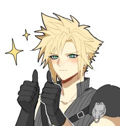 Rule 34 | 1boy, armor, black gloves, blonde hair, blue eyes, blush, closed mouth, cloud strife, collarbone, duoj ji, final fantasy, final fantasy vii, final fantasy vii advent children, gloves, hands up, high collar, male focus, shoulder armor, solo, sparkle, spiked hair, square enix, thumbs up, upper body, white background