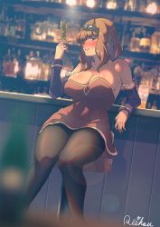 Rule 34 | 1girl, alchemist (ragnarok online), bar (place), black pantyhose, blue eyes, blue sleeves, blurry, blurry foreground, blush, breasts, brown dress, brown hair, cleavage, commentary request, detached sleeves, dress, dutch angle, feet out of frame, goggles, goggles on head, grin, highres, large breasts, lens flare, long hair, looking at viewer, pantyhose, ragnarok masters, ragnarok online, reihou19, short dress, signature, smile, solo, strapless, strapless dress