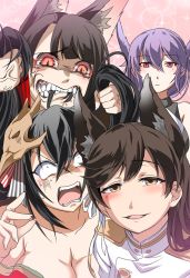 Rule 34 | 4girls, ahoge, akagi (azur lane), angry, animal ears, atago (azur lane), azur lane, bare shoulders, black hair, blush, breasts, brown eyes, cleavage, closed mouth, collarbone, eating hair, expressionless, extra ears, fangs, flower, grabbing another&#039;s hair, hair between eyes, hair flower, hair ornament, hair ribbon, half-closed eyes, hand up, huge breasts, jacket, japanese clothes, junyou (azur lane), kimono, large breasts, long hair, looking at viewer, mask, mask on head, military, military uniform, mole, mole under eye, multiple girls, off shoulder, open mouth, ponytail, purple hair, red eyes, red kimono, ribbon, smile, steed (steed enterprise), sweat, sweatdrop, swept bangs, taihou (azur lane), tearing up, twintails, uniform, veins, very long hair, white ribbon