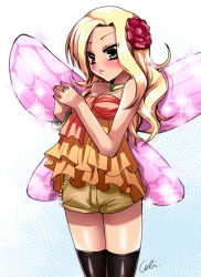 Rule 34 | 1girl, black thighhighs, blonde hair, bracelet, breasts, choker, cleavage, dragon quest, dragon quest ix, fairy, female focus, flower, gradient background, hair flower, hair ornament, jewelry, level-5, sandy (dq9), solo, thighhighs, wings, yellow eyes, zettai ryouiki