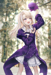 Rule 34 | 1girl, :d, absurdres, arm up, blurry, blurry background, blush, capelet, character request, coat, commentary request, day, depth of field, dress, fate/stay night, fate (series), frilled dress, frills, hand up, highres, ildy, illyasviel von einzbern, light brown hair, long hair, long sleeves, open mouth, outdoors, pleated dress, purple capelet, purple coat, red eyes, smile, very long hair, white dress