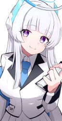 Rule 34 | 1girl, blue archive, blue necktie, blunt bangs, blush, book, closed mouth, halo, highres, holding, holding book, long hair, long sleeves, looking at viewer, mechanical halo, necktie, noa (blue archive), purple eyes, simple background, skirt, smile, solo, white background, white hair, white halo, white skirt, yun (kbdenz9)