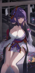 Rule 34 | 1girl, absurdres, bakemonsou, blurry, blurry background, breasts, bridal gauntlets, chest sarashi, cleavage, closed mouth, collarbone, commission, depth of field, falling petals, flower, genshin impact, hair flower, hair ornament, highres, japanese clothes, large breasts, light particles, long hair, looking at viewer, mole, mole under eye, obi, petals, pixiv commission, purple eyes, purple flower, purple hair, raiden shogun, sarashi, sash, sitting, solo, thighs