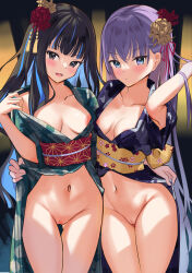 Rule 34 | 2girls, absurdres, areola slip, black hair, blue eyes, blue hair, blue ribbon, blush, breasts, cleavage, collarbone, colored inner hair, fate/extra, fate/extra ccc, fate/grand order, fate (series), flower, grey eyes, hair flower, hair ornament, hair ribbon, highres, japanese clothes, kimono, long hair, long sleeves, looking at viewer, medium breasts, meltryllis (fate), multicolored hair, multiple girls, navel, nikuromuline, no bra, no panties, open clothes, open kimono, open yukata, parted lips, purple hair, pussy, ribbon, sash, sidelocks, stomach, tenochtitlan (fate), thigh gap, thighs, very long hair, yukata