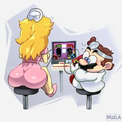 Rule 34 | 1boy, 1girl, 5anart5, ^^^, artist name, ass, ass shake, blonde hair, blue eyes, blush, breasts, brown hair, chair, coat, constricted pupils, controller, derivative work, doctor, dr. mario, dr. mario (game), dress, facial hair, game console, game controller, gamepad, gloves, grey background, hat, head mirror, highres, holding, lab coat, legs together, long hair, long sleeves, looking at another, mario, mario (series), medium breasts, mustache, nes, nes gamepad, nintendo, nose, nurse, nurse cap, office chair, pants, pink dress, pink footwear, playing games, princess peach, red footwear, short sleeves, sitting, sweatdrop, swivel chair, television, thick eyebrows, virus (dr. mario), white coat, white gloves, white pants
