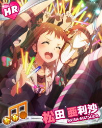 Rule 34 | 10s, 1girl, :d, ^ ^, artist request, beamed quavers, bracelet, brown hair, card (medium), character name, closed eyes, glowstick, idolmaster, idolmaster million live!, jewelry, lots of jewelry, matsuda arisa, musical note, necklace, official art, open mouth, smile, solo focus, twintails