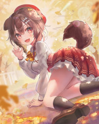 Rule 34 | 1girl, animal ears, autumn leaves, beret, black socks, blurry, blush, bone hair ornament, bow, bowtie, braid, breasts, brown footwear, collared shirt, commentary, dappled sunlight, day, depth of field, dodota, dog ears, dog girl, dog tail, fang, full body, hair between eyes, hair ornament, hat, high-waist skirt, highres, hololive, inugami korone, inugami korone (street), leaf, lens flare, looking at viewer, maple leaf, medium breasts, medium hair, miniskirt, official alternate costume, open mouth, outdoors, plaid, plaid bow, plaid bowtie, plaid neckwear, red eyes, red hat, red skirt, shirt, shoes, side braids, skin fang, skirt, smile, socks, solo, sparkling eyes, sunlight, tail, thighs, twin braids, virtual youtuber, white shirt, yellow bow, yellow bowtie