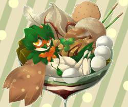 Rule 34 | beak, beige background, biscuit, claws, creatures (company), cup, decidueye, dessert, drinking glass, feathers, feet, food, food focus, full body, game freak, gen 7 pokemon, glass, green background, half-closed eyes, ice cream, kakiikada, looking away, looking to the side, lying, nintendo, no humans, on back, pokemon, pokemon (creature), pokemon sm, shiny skin, simple background, solo, striped, striped background, two-tone background, wings, yellow eyes