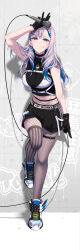 Rule 34 | 1girl, :q, absurdres, asymmetrical legwear, black gloves, black shorts, blue eyes, blue hair, breasts, bright pupils, earrings, fishnets, gloves, hair ornament, hairclip, highres, holding, holding microphone, hololive, hololive indonesia, jewelry, medium breasts, microphone, midriff, multicolored hair, pavolia reine, pavolia reine (streetwear), pochi (pochi-goya), shoes, shorts, sneakers, solo, streaked hair, thigh strap, tongue, tongue out, triangle earrings, uneven legwear, virtual youtuber, white footwear, white hair, white pupils