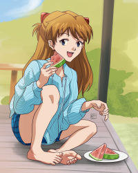 Rule 34 | 1girl, absurdres, arm support, ass, bare legs, barefoot, blue eyes, breasts, brown hair, casual, conejologia, cowboy shot, food, fruit, hair between eyes, highres, holding, holding food, interface headset, long hair, looking at viewer, looking to the side, neon genesis evangelion, open mouth, short shorts, shorts, smile, solo, souryuu asuka langley, toes, two side up, very long hair, watermelon, watermelon slice