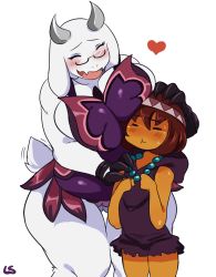 Rule 34 | 1girl, age difference, androgynous, animal ears, beads, blush, breasts, brown hair, cameltoe, cattleya (queen&#039;s blade), cattleya (queen&#039;s blade) (cosplay), claws, cleavage, closed eyes, cosplay, frisk (undertale), furry, glasses, goat ears, goat girl, goat tail, happy, headband, heart, highres, horns, hug, jewelry, large breasts, lightsource, mature female, necklace, plump, queen&#039;s blade, rana (cosplay), rana (queen&#039;s blade), sweat, tail, toriel, undertale