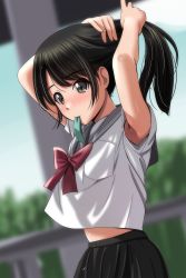 Rule 34 | 1girl, absurdres, armpit peek, armpits, arms behind head, arms up, bare arms, black hair, black skirt, blue sky, blurry, blurry background, blush, bow, bowtie, brown eyes, clothes lift, day, depth of field, dutch angle, full-face blush, green ribbon, grey sailor collar, hair tie in mouth, hand in own hair, highres, holding, holding own hair, looking at viewer, matsunaga kouyou, midriff peek, mouth hold, original, outdoors, parted bangs, pleated skirt, red bow, red bowtie, ribbon, sailor collar, school uniform, serafuku, shirt, shirt lift, short sleeves, sidelocks, skirt, sky, solo, standing, swept bangs, tree, tying hair, white shirt