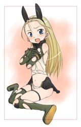 Rule 34 | 00s, 1girl, :o, animal ears, antenna hair, bare shoulders, blonde hair, blue eyes, blush, boots, covering breasts, covering privates, crossed arms, elbow gloves, elise von dietrich, embarrassed, fake animal ears, fang, flat chest, framed, from side, full body, gloves, green footwear, green thighhighs, hairband, hamao, headgear, leotard, long hair, looking at viewer, motionslit, navel, open mouth, outside border, pilot suit, sitting, sky girls, solo, tears, thigh boots, thighhighs, torn clothes, torn leotard, torn thighhighs, turtleneck, wariza