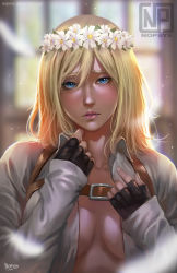 Rule 34 | 1girl, black gloves, blonde hair, blue eyes, blurry, blurry background, blush, breasts, center opening, cleavage, collared shirt, commission, fingerless gloves, flower, gloves, hair between eyes, hair flower, hair ornament, head wreath, krista lenz, looking at viewer, medium breasts, nopeys, paradis military uniform, parted lips, portrait, shingeki no kyojin, shirt, solo, strap, white shirt, window