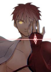 Rule 34 | 1boy, command spell, elbow gloves, emiya shirou, fate/grand order, fate (series), gloves, glowing, glowing eye, limited/zero over, male focus, misuko (sbelolt), pink hair, simple background, solo, upper body, white background, yellow eyes