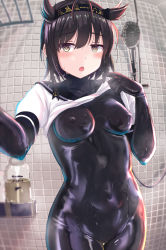 Rule 34 | 1girl, anchor symbol, black bodysuit, black headband, bodysuit, breasts, brown hair, clothes lift, clothes writing, covered erect nipples, covered navel, hachimaki, hair flaps, hatsuzuki (kancolle), headband, highres, indoors, kantai collection, kuroame (kurinohana), latex, latex suit, lifted by self, school uniform, serafuku, shirt lift, short hair, short sleeves, shower (place), shower head, skin tight, small breasts, solo, tile wall, tiles, wet, wet clothes, yellow eyes