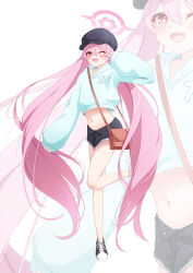 Rule 34 | 1girl, absurdly long hair, absurdres, alternate costume, black shorts, blue archive, cape, fang, halo, highres, hood, hoodie, koyuki (blue archive), leg up, long hair, looking at viewer, low twintails, navel, one eye closed, open mouth, pink eyes, pink hair, shira jun, short shorts, shorts, smile, solo, twintails, v, very long hair, white background