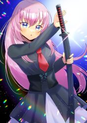 Rule 34 | 1girl, :o, arm up, black bow, black shirt, blue eyes, bow, breasts, collared shirt, commentary request, commission, hair between eyes, holding, holding sheath, katana, kou hiyoyo, long hair, long sleeves, looking at viewer, medium breasts, necktie, original, parted lips, pink hair, red necktie, sheath, sheathed, shirt, skeb commission, skirt, solo, sword, very long hair, weapon, white skirt