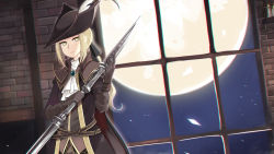 Rule 34 | 1girl, blonde hair, bloodborne, bow, ascot, expressionless, hair bow, hat, hat feather, highres, lady maria of the astral clocktower, looking at viewer, onigensou, ponytail, solo, the old hunters, tricorne, upper body, weapon