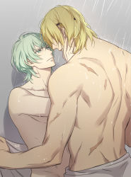 Rule 34 | 2boys, absurdres, blonde hair, byleth (fire emblem), byleth (male) (fire emblem), dimitri alexandre blaiddyd, eye contact, fire emblem, fire emblem: three houses, green hair, highres, looking at another, male focus, multiple boys, nintendo, nude, shower (place), showering, wet, wet hair, zehel az