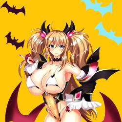 Rule 34 | 1girl, absurdres, alternate costume, artist request, bat (symbol), blonde hair, blue eyes, boots, breasts, cameltoe, cleavage, cosplay, costume, covered navel, curvy, demon girl, demon girl (cosplay), fake wings, fingerless gloves, gloves, halloween costume, hand on own hip, highleg, highleg leotard, highres, huge breasts, leotard, long hair, looking at viewer, nail polish, official alternate costume, onizaki kirara, revealing clothes, shiny skin, smile, taimanin (series), taimanin rpgx, thong leotard, twintails, upper body, wings