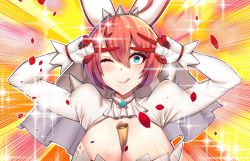 1girl animal_ears blinking blue_eyes blush breasts bridal_veil clover collar dress elphelt_valentine emotional_engine_-_full_drive fake_animal_ears fate/grand_order fate_(series) four-leaf_clover funaya_(a2brasd) gloves guilty_gear guilty_gear_xrd hair_between_eyes highres large_breasts object_on_breast petals pink_hair rabbit_ears smile solo sparkle sparkle_background spikes tongue tongue_out v veil wedding_dress white_gloves